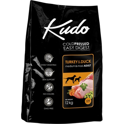 Kudo Low Grain Turkey/Duck Medium&Maxi Adult - Пълноценна суха храна за кучета от средни и едри породи над 1 год, без зърно, с пуешко. патешко и пилешко месо, 12 кг