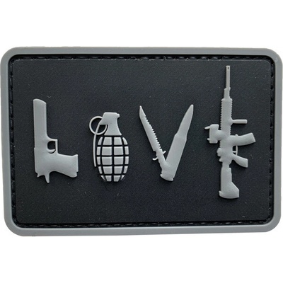 WARAGOD Nášivka 3D LOVE-Pistol Grenade Knife Rifle čierna 7.5x5cm