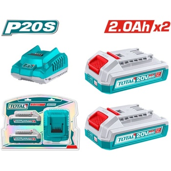 TOTAL Акумулаторни батерии и зарядно TOTAL INDUSTRIAL, Li-Ion, 20 V, 2.0 Ah, Комплект 3 части (TL IND TFBCPK2212E)