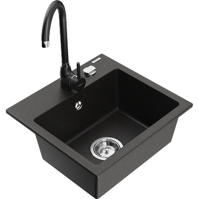 Mexen Milo гранитна мивка с 1 отделение и кухненски смесител Телма, черен/златен - 6505-75-670200-70 (6505-75-670200-70)