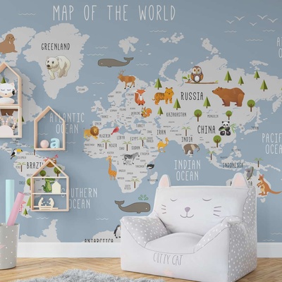 Decono Детски Фототапет kарта на Света с Животни