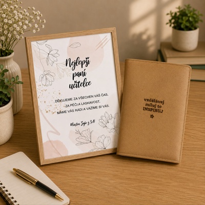 Set obalu na knihu z ECO kůže INSPIRUJ + plakát paní učitelce Rozměr: 22,5 x 33 cm, Text uvnitř: S vlastním textem