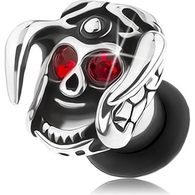 Šperky eshop ocelový plug do ucha lebka s přilbou a rohy červené zirkony patina S48.17