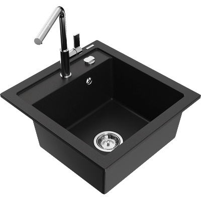 Mexen Vito гранитна кухненска мивка с 1 корито с кухненски смесител Flora, черен - 6503-77-670401-00 (6503-77-670401-00)