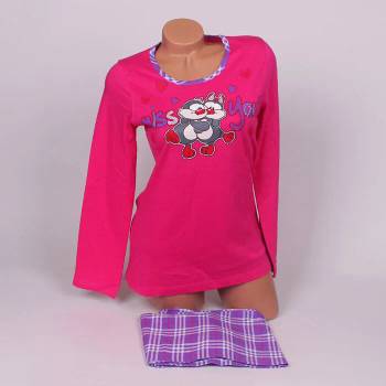 Image 1 of Дамска пижама в цикламено с лилаво каре и апликация