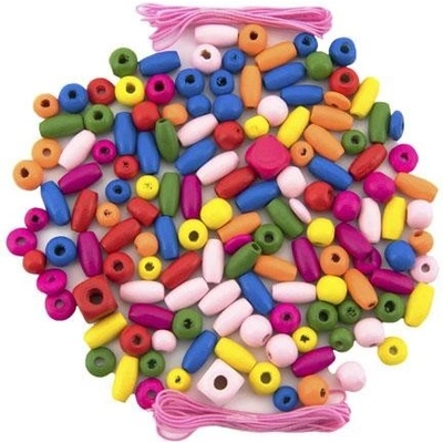 TEDDIES Korálky drevené farebné s gumičkami cca 90 ks v plastovej dóze