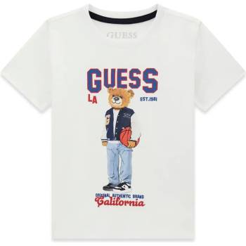 GUESS Тениска в бял цвят за мини момче с цветно мече и син надпис Guess