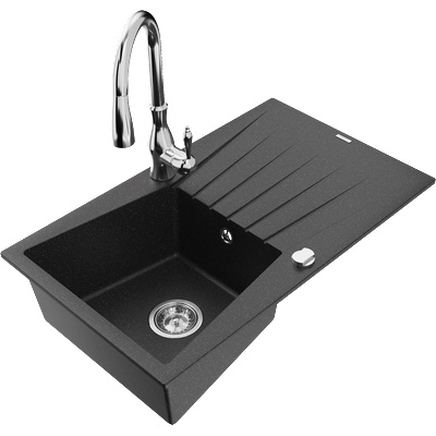 Mexen Cesar гранитна мивка с 1 гнездо, отцедник и кухненски смесител Savita, черно/сребрист металик - 6514-73-672601-00 (6514-73-672601-00)