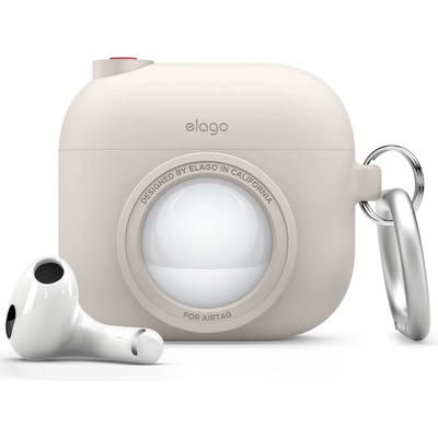 elago Силиконов калъф (с място за AirTag) с карабинер за Apple AirPods 3 - Elago AirPods 3 Snapshot Silicone Case (бежов) (EAP3AT1-ST)