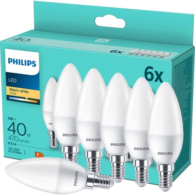 Philips 6x LED žárovka E14 Svíčka B35 4,9W = 40W 470 lm 2700K teplá bílá Essential