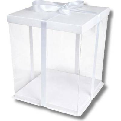 Plastový hranatý box na torty bez stuhy 4Cake biely (33 x 33 x 40 cm)