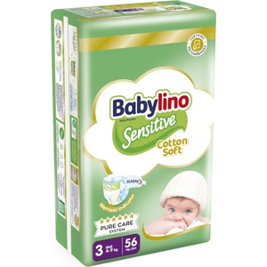 Babylino Бебешки пелени Babylino - Sensitive, Cotton Soft, VP, размер 3, 4-9 kg, 56 броя (825701) - baby