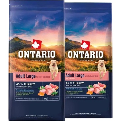 ONTARIO Възрастни Големи Контрол на Теглото Пуйка и Кафяв Ориз 2 x 12 кг