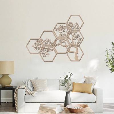 dřevo života Dřevěný strom na zeď HEXAGON Zvolte barvu dekoru: Dub Sonoma, Rozměry (cm): 60x48