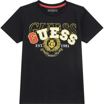 GUESS Черна тениска за момче с надпис Guess в червено, бяло и жълто