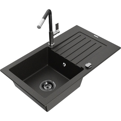 Mexen Pablo eднокоморна гранитна мивка с дренаж и кухненски смесител Flora, черно/златен металик - 6510-75-670401-07-B (6510-75-670401-07-B)