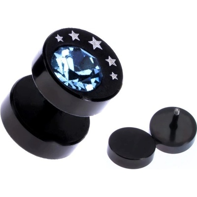 Šperky eshop kulatý ocelový fake plug do ucha černé barvy hvězdy a modrý zirkon W22.35
