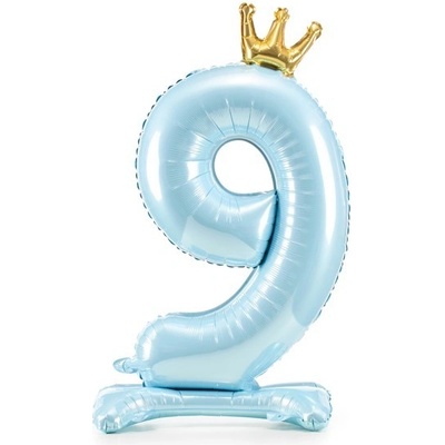 PartyDeco Balónik fóliový stojacie číslo 9 s korunkou svetlo modrý 84 cm