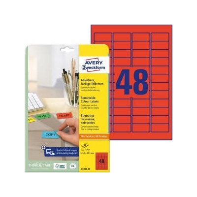 Etikety Avery odnímateľné 45,7x21,2 mm červené