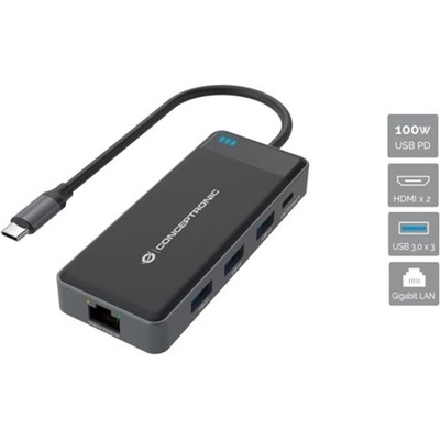Conceptronic Notebook Dock - DONN14G (вход: USB-C, изход: 2xHDMI+USB-C PD: 100W+3xUSB-A+RJ-45, черен) (DONN14G)