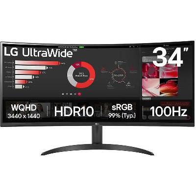 Монитор LG 34WR50QK-B, 34" UltraWide Curved, AG, VA, 5ms, 1ms MBR, 3000: 1, 300 cd/m2, 21: 9, WQHD 3440x1440, HDR 10, sRGB 99%, FreeSync, 100 Hz, HDMI, DisplayPort, Tilt, Reader Mode, PBP, Headphone Out, Black (34WR50QK-B)