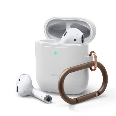 Тънък силиконов калъф с карабинер за Apple Airpods и Apple Airpods 2 with Wireless Charging Case (бял-фосфор) - Elago Airpods Skinny Silicone Hang Case (EAPSK-HANG-LUBL)
