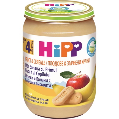 Hipp Био пълнозърнеста каша Hipp - Ябълка, банан и бисквитки, 4м+, 190 g (4710)
