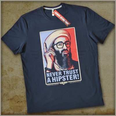 Triko Mars and Arms Never Trust a Hipster modré