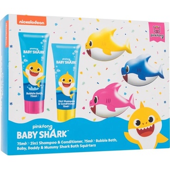 Pinkfong Baby Shark pěna do koupele Baby Shark 75 ml + 2in1 šampon a kondicionér Baby Shark 75 ml + hračka do koupele 3 ks dárková sada