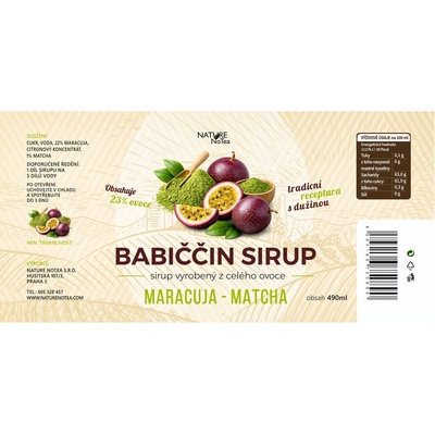 Nature Notea Babiččin sirup Maracuja & Matcha 0.5 l