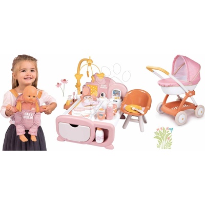 Smoby Set domček pre bábiku elektronický s kočíkom Cocoon Nursery Soft Baby Nurse a 32 cm bábika v klokanke