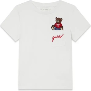 GUESS Бяла тениска с джоб и мече за мини момче Guess