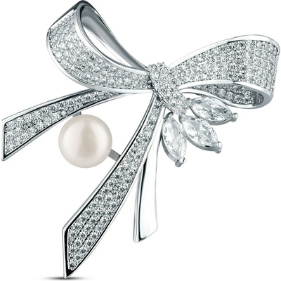 JwL Luxury Pearls Luxusná dámska brošňa s perlou a zirkónmi Mašle JL0869