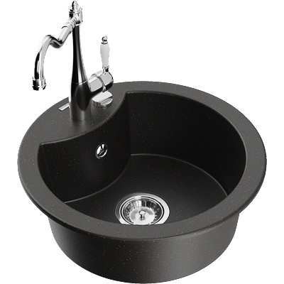 Mexen Diego гранитна мивка с 1 камера и кухненски смесител Carla, черен/златен металик - 6512-75-670700-00 (6512-75-670700-00)