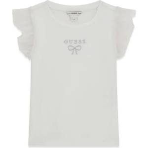 GUESS Бяла тениска за мини момиче с шифонени ръкави и малък надпис Guess