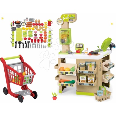 Smoby Set obchod Bio Ovoce-Zelenina Organic Fresh Market a nákupní vozík s potravinami a nádobím