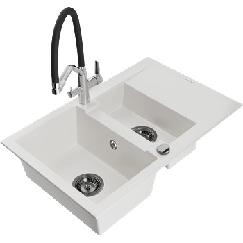 Mexen Gaspar гранитна мивка с 1, 5 камери с отцедник и кухненски смесител Duo, бял - 6507-20-671701-07-B (6507-20-671701-07-B)