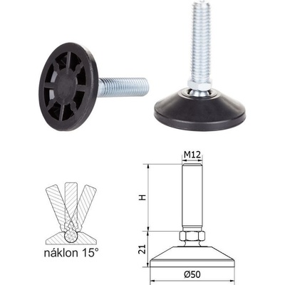 ø-50mm; M12x60mm; H-60mm, čierna, kĺbová plastová nivelačná nožička; závitovo-nastavitelná.