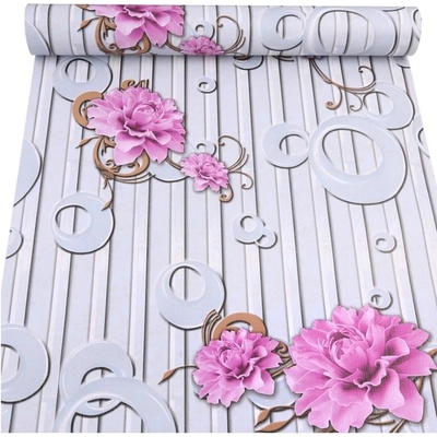 IMPOL TRADE 9173 Samolepící tapety růžové pivoňky s ornamenty a pruhy 45 cm x 10 m
