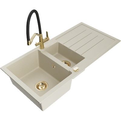 Mexen Andres гранитна мивка 1, 5-камерна с отцедник и кухненска батерия Duo, бежов - 6515-69-671701-57-G (6515-69-671701-57-G)