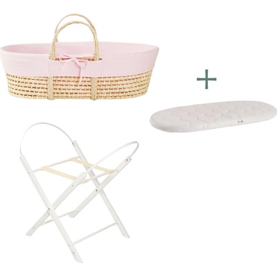 Ahojbaby sada Mojžíšův košík pro miminko Corn Natural se skládacím stojanem White, růžovým potahem
