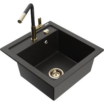 Mexen Vito гранитна мивка с 1 корито и кухненски смесител Flora, черен/златист металик - 6503-75-670401-57-G (6503-75-670401-57-G)