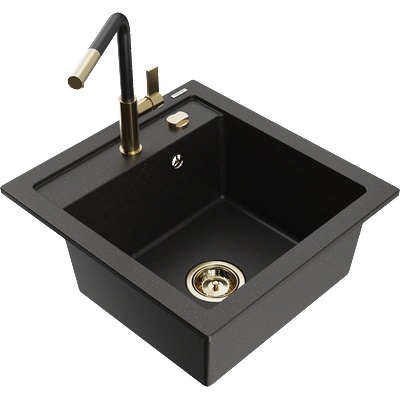 Mexen Vito гранитна мивка с 1 корито и кухненски смесител Flora, черен/златист металик - 6503-75-670401-57-G (6503-75-670401-57-G)