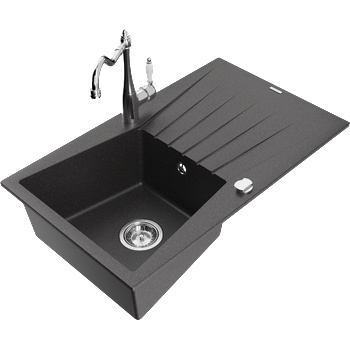 Mexen Cesar еднокамерен гранитен мивка с отцедник и кухненски смесител Carla, черен с пръски - 6514-76-670700-00 (6514-76-670700-00)