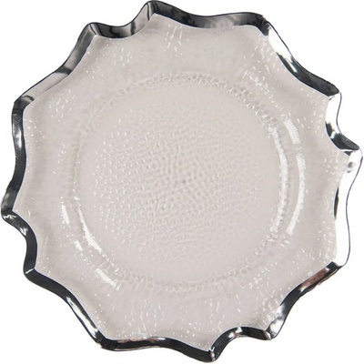 Clayre & Eef Transparentný servírovací tanier s vlnitým strieborným okrajom 33 x 1 cm