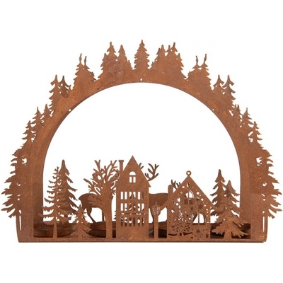 Vánoční kovový svícen na 4 svíčky zimní oblouk s jeleny a stromky Zwemblik – 32x8x24 cm