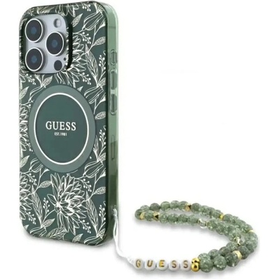 GUESS IML Flowers Allover Electro With Pearl Strap MagSafe калъф за iPhone 16 Pro Max - зелен (3666339299637)