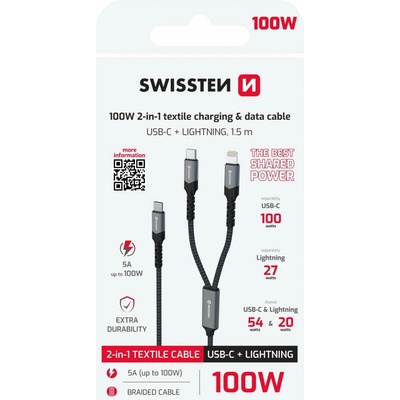 Swissten 72501202 2v1 USB-C / Lightning 100 W 1,5m černý