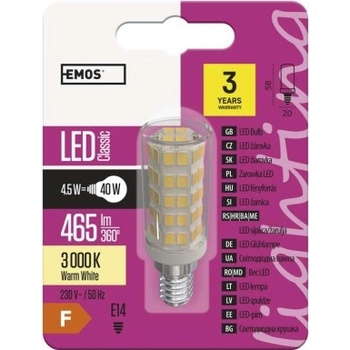 Emos Lighting ZQ9140 LED žiarovka Classic JC 4,5W E14 teplá biela