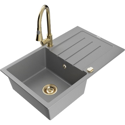 Mexen Bruno кухненска мивка гранитна 1-камерна с отцедник и кухненски смесител Elia, сива - 6513-71-670101-50 (6513-71-670101-50)